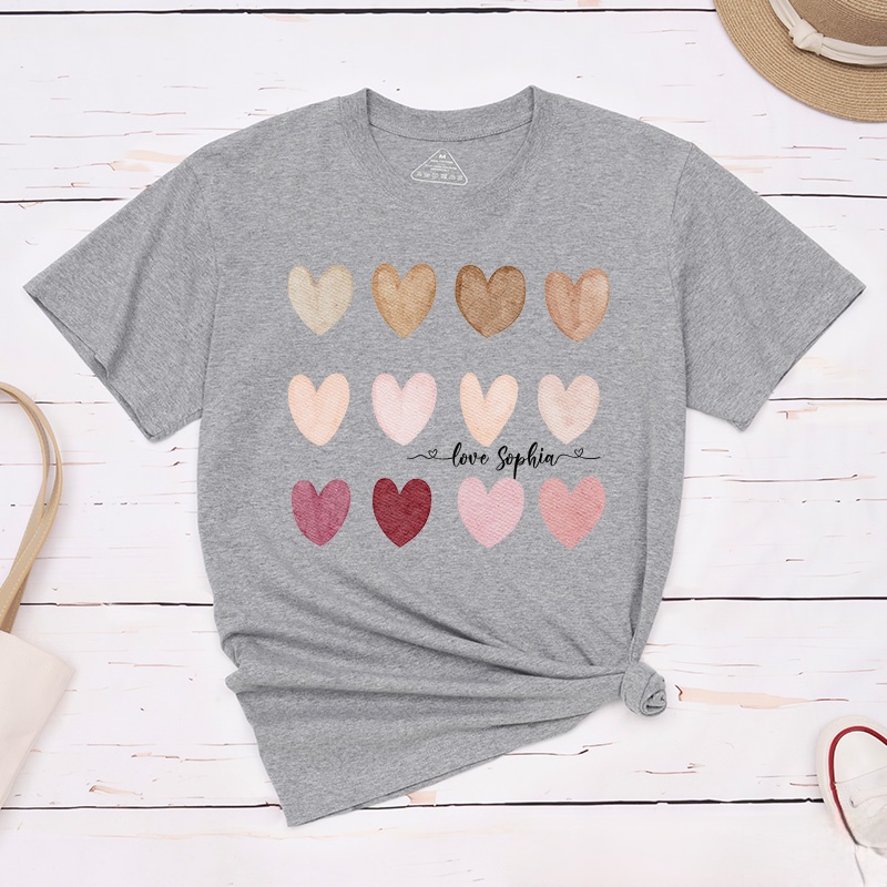 Personalized Couple Watercolor Heart Matching T-Shirt with Name Valentine's Day T-Shirt for Husband Wife Boyfriend Girlfriend Gift for Hubby Wifey