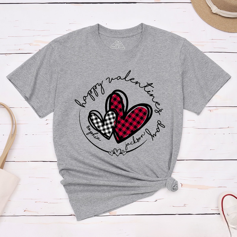 Personalized Couple Plaid Heart with Name Matching T-Shirt Happy Valentine's Day T-Shirt for Husband Wife Boyfriend Girlfriend Gift for Hubby Wifey