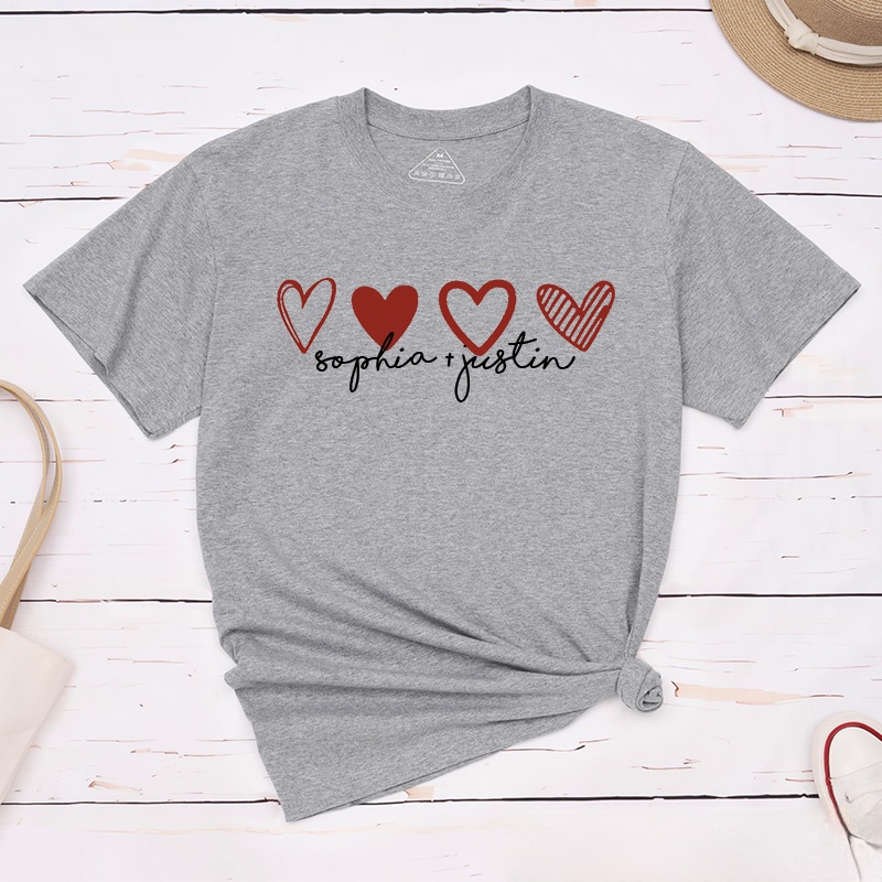 Personalized Couple Romantic 4 Hearts Matching T-Shirt with Name Valentine's Day T-Shirt for Husband Wife Boyfriend Girlfriend Gift for Hubby Wifey
