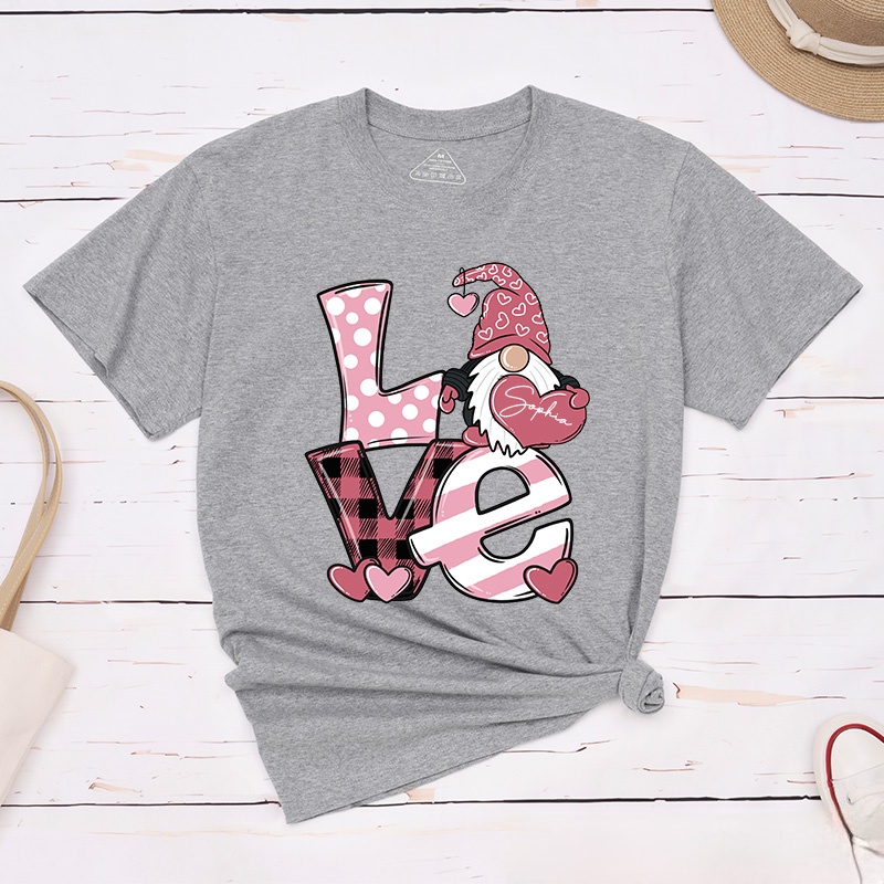 Personalized Couple Pink Love Gnome Holding Heart Matching T-Shirt Valentine's Day T-Shirt for Husband Wife Boyfriend Girlfriend Gift for Hubby Wifey