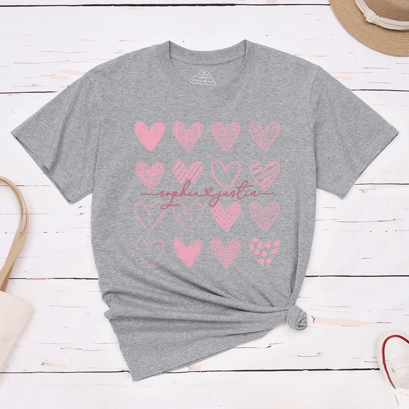 Personalized Couple Sweet Pink Hearts Matching T-Shirt with Name Valentine's Day T-Shirt for Husband Wife Boyfriend Girlfriend Gift for Hubby Wifey