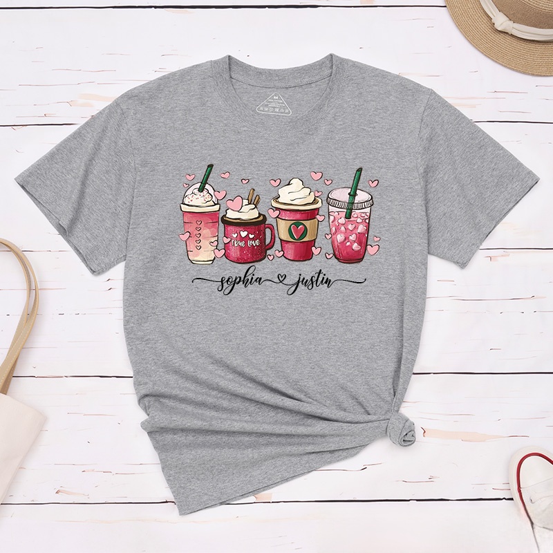 Personalized Couple Coffee Cup and Heart Matching T-Shirt with Name Valentine's Day T-Shirt for Husband Wife Boyfriend Girlfriend Gift for Hubby Wifey