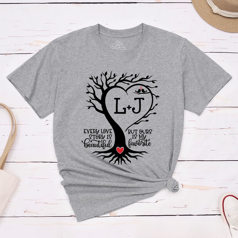 Personalized Couple Heart-Shaped Tree Matching T-Shirt with Initials Valentine's Day Classic T-Shirt for Husband Wife Boyfriend Girlfriend Gift