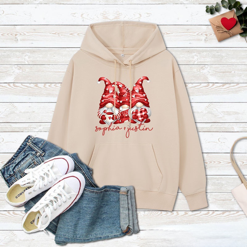 Personalized Couple Three Heart Gnome Valentine's Day Hoodie with Name Couple Sweatshirt for Boyfriend Girlfriend Husband Wife Hubby Wifey