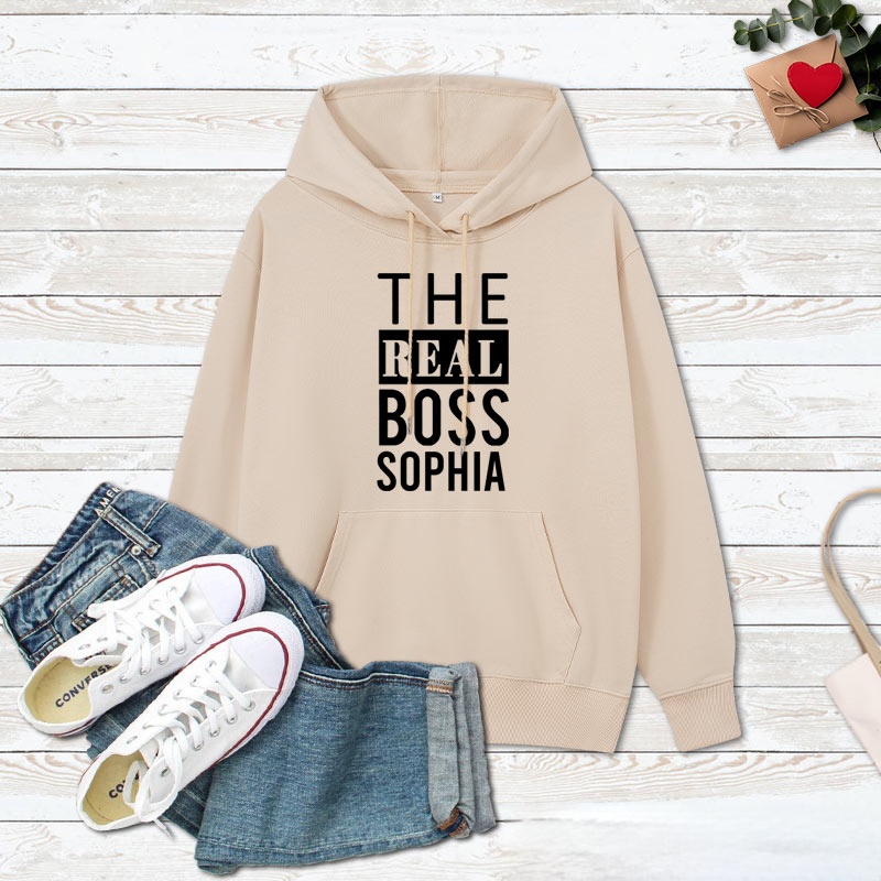 Personalized Couple Minimalist The Boss and The Real Boss Hoodie with Name Couple Valentine's Day Sweatshirt for Boyfriend Girlfriend Husband Wife