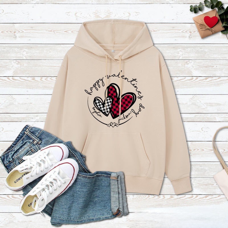 Personalized Couple Plaid Heart Happy Valentine's Day Hoodie with Name Couple Sweatshirt for Boyfriend Girlfriend Husband Wife