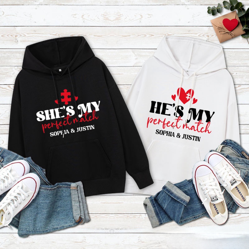 Personalized Couple She's My Perfect Match Valentine's Day Hoodie Couple He's My Perfect Match Sweatshirt for Boyfriend Girlfriend Husband Wife