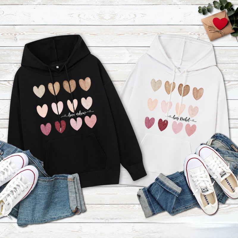 Personalized Couple Gradient of Heart Hoodie with Name Couple Valentine's Day Sweatshirt for Boyfriend Girlfriend Husband Wife