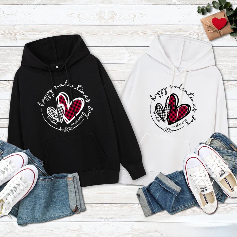 Personalized Couple Plaid Heart Happy Valentine's Day Hoodie with Name Couple Sweatshirt for Boyfriend Girlfriend Husband Wife