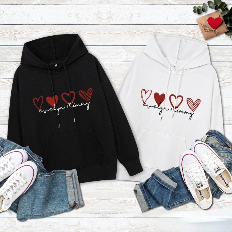 Personalized Couple 4 Red Hearts Valentine's Day Hoodie with Name Couple Sweatshirt for Boyfriend Girlfriend Husband Wife