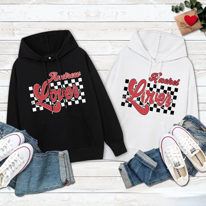 Personalized Couple Retro Checkerboard Lover Valentine's Day Hoodie with Name Couple Sweatshirt for Boyfriend Girlfriend Hubby Wifey Husband Wife