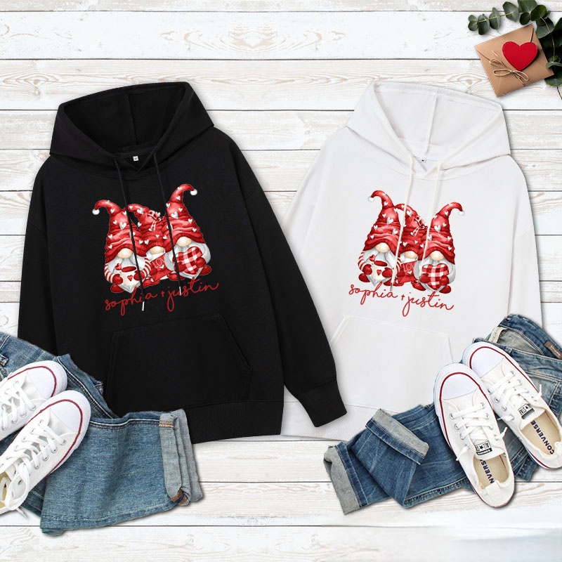 Personalized Couple Three Heart Gnome Valentine's Day Hoodie with Name Couple Sweatshirt for Boyfriend Girlfriend Husband Wife Hubby Wifey