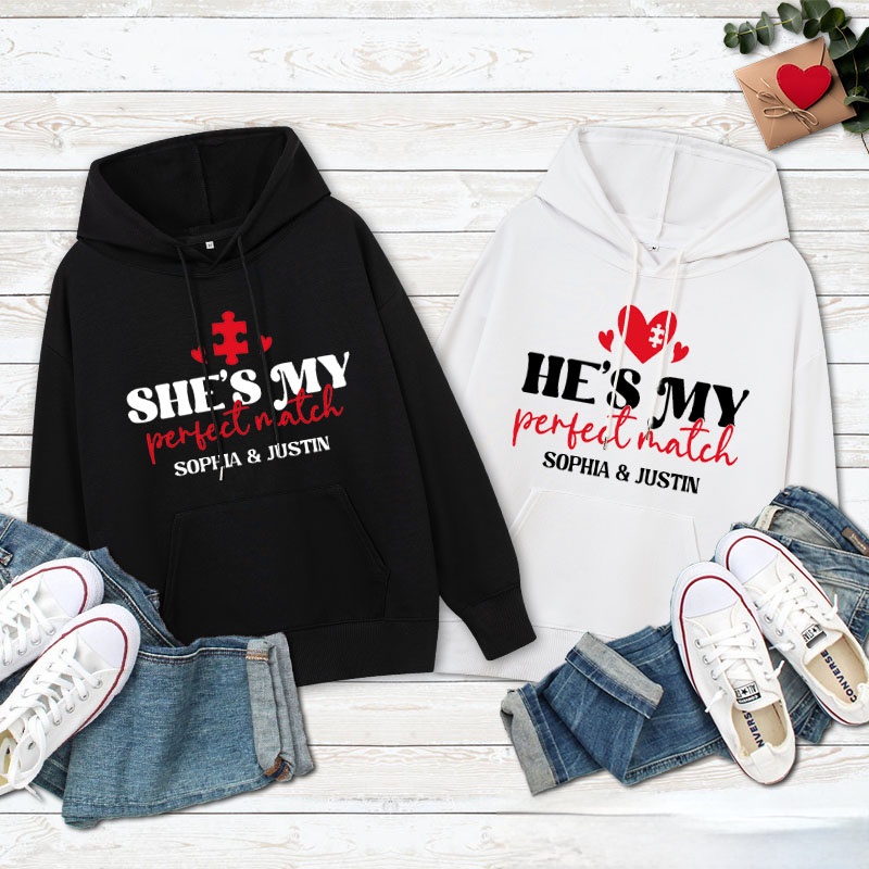 Personalized Couple She's My Perfect Match Valentine's Day Hoodie Couple He's My Perfect Match Sweatshirt for Boyfriend Girlfriend Husband Wife