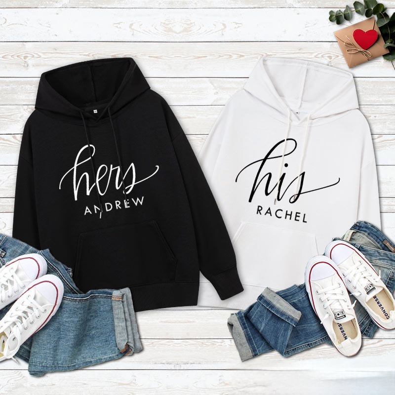 Personalized Couple Hers and His Hoodie with Name Couple Valentine's Day Sweatshirt for Boyfriend Girlfriend Husband Wife