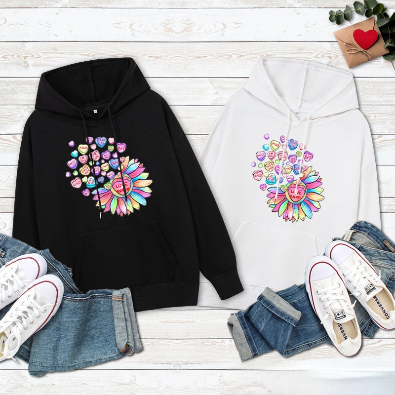 Personalized Couple Colorful Flower with Heart Hoodie Couple Valentine's Day Sweatshirt for Boyfriend Girlfriend Husband Wife