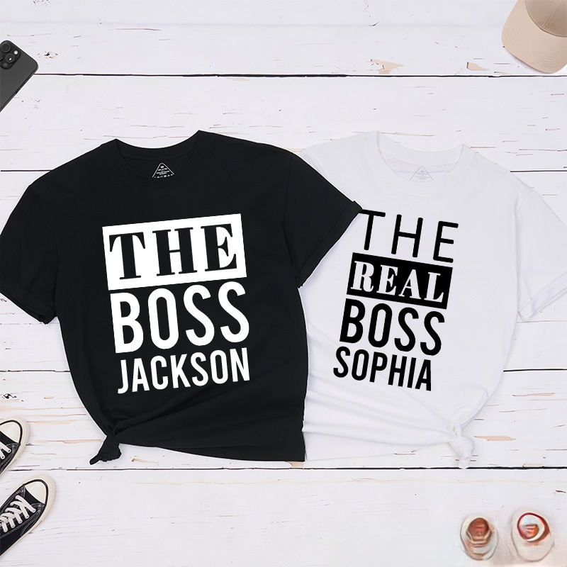 Personalized Minimalist Couple The Boss and The Real Boss Matching T-Shirt Valentine's Day T-Shirt for Husband Wife Boyfriend Girlfriend Gift