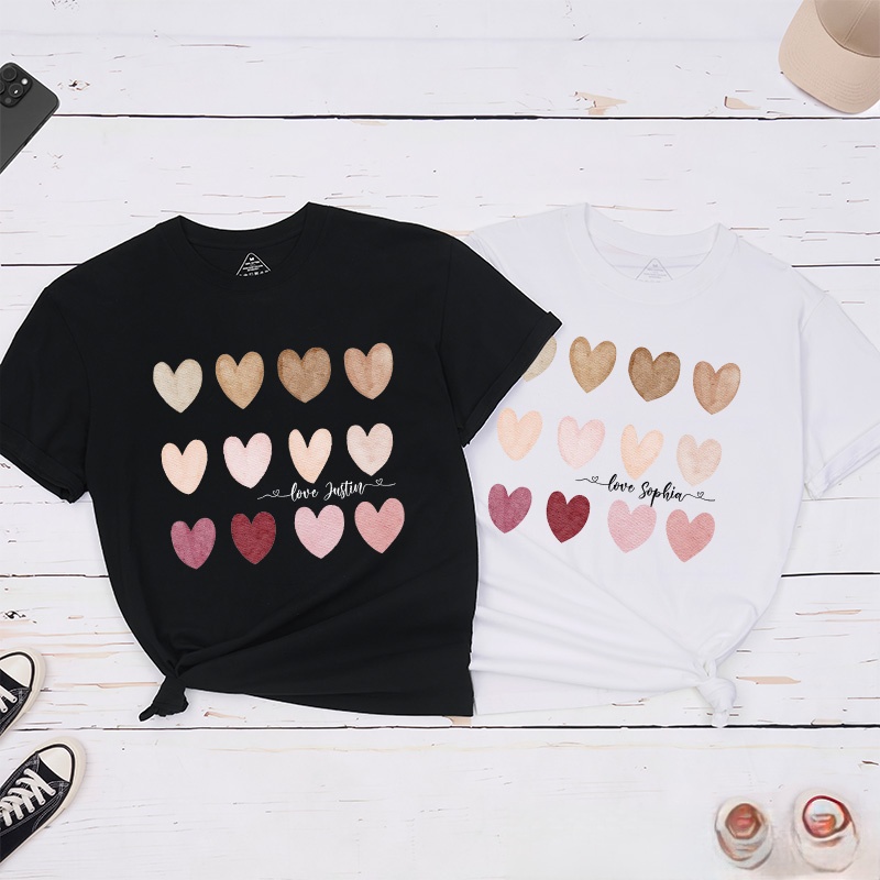 Personalized Couple Watercolor Heart Matching T-Shirt with Name Valentine's Day T-Shirt for Husband Wife Boyfriend Girlfriend Gift for Hubby Wifey