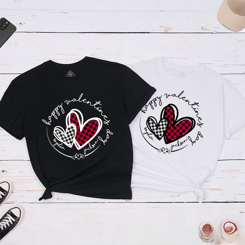 Personalized Couple Plaid Heart with Name Matching T-Shirt Happy Valentine's Day T-Shirt for Husband Wife Boyfriend Girlfriend Gift for Hubby Wifey