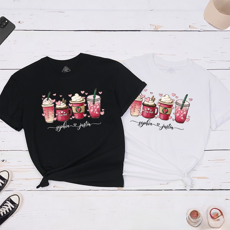 Personalized Couple Coffee Cup and Heart Matching T-Shirt with Name Valentine's Day T-Shirt for Husband Wife Boyfriend Girlfriend Gift for Hubby Wifey