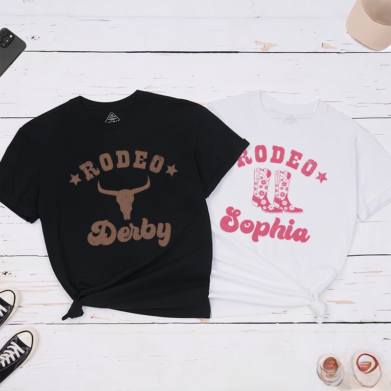 Personalized Couple Rodeo with Bull head and Cowgirl Boots T-Shirt Valentine's Day Matching T-Shirt for Husband Wife Boyfriend Girlfriend Gift