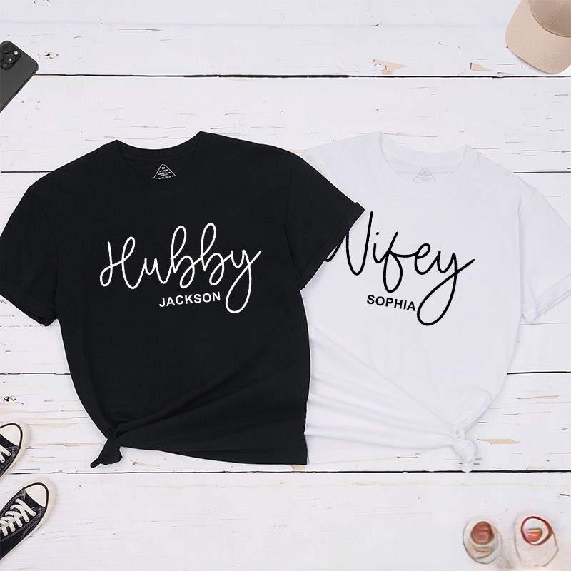 Personalized Couple Handwritten Hubby and Wifey Matching T-Shirt Valentine's Day Classic T-Shirt for Husband Wife Mr. and Mrs. Unisex Gift