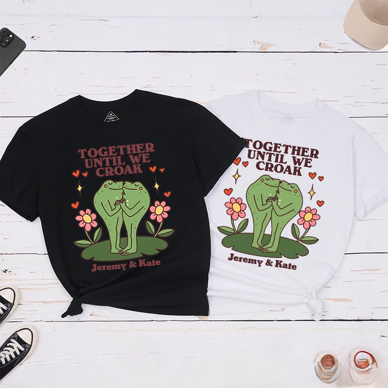 Personalized Couple Frog Together Until We Croak Matching T-Shirt with Name Valentine's Day Frog Kissing T-Shirt for Husband Wife Boyfriend Girlfriend