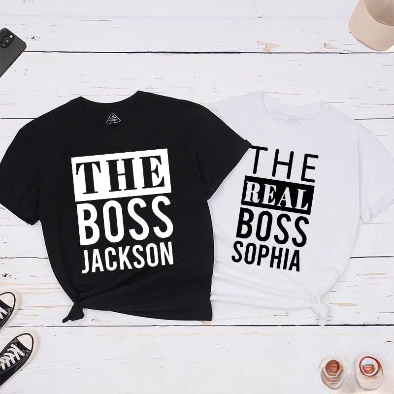 Personalized Minimalist Couple The Boss and The Real Boss Matching T-Shirt Valentine's Day T-Shirt for Husband Wife Boyfriend Girlfriend Gift