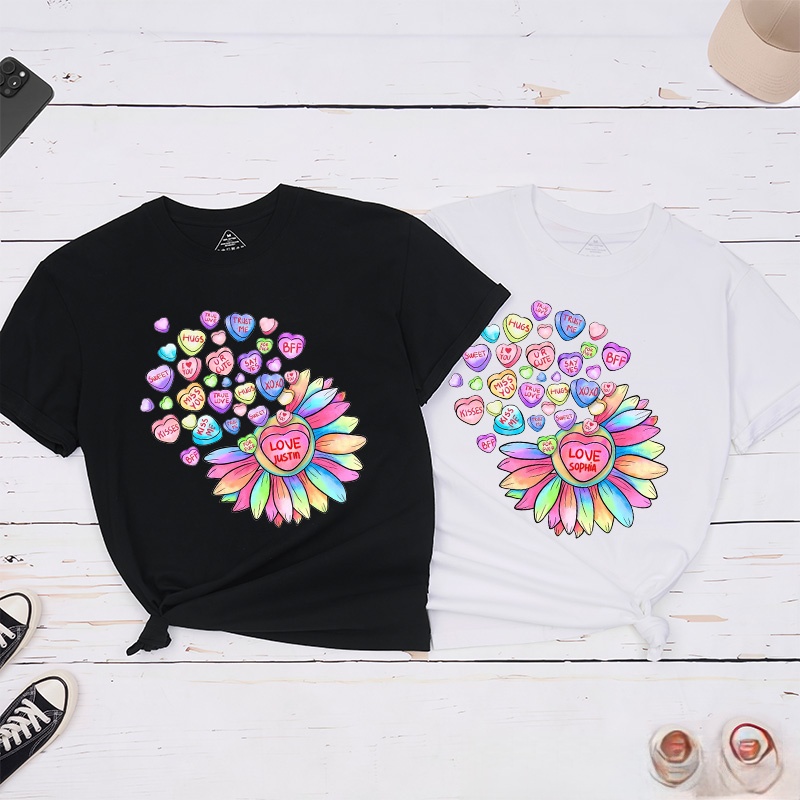 Personalized Couple Colorful Flower and Candy Matching T-Shirt Valentine's Day T-Shirt for Husband Wife Boyfriend Girlfriend Gift for Hubby Wifey