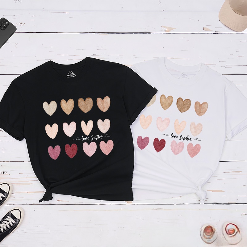 Personalized Couple Watercolor Heart Matching T-Shirt with Name Valentine's Day T-Shirt for Husband Wife Boyfriend Girlfriend Gift for Hubby Wifey