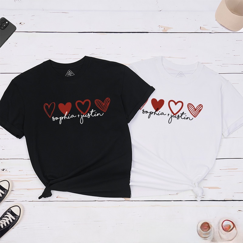 Personalized Couple Romantic 4 Hearts Matching T-Shirt with Name Valentine's Day T-Shirt for Husband Wife Boyfriend Girlfriend Gift for Hubby Wifey