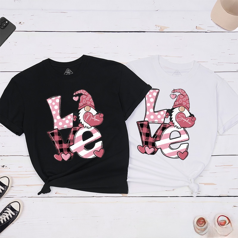 Personalized Couple Pink Love Gnome Holding Heart Matching T-Shirt Valentine's Day T-Shirt for Husband Wife Boyfriend Girlfriend Gift for Hubby Wifey