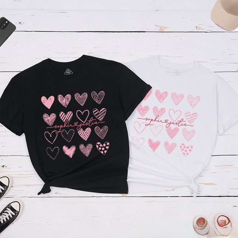 Personalized Couple Sweet Pink Hearts Matching T-Shirt with Name Valentine's Day T-Shirt for Husband Wife Boyfriend Girlfriend Gift for Hubby Wifey