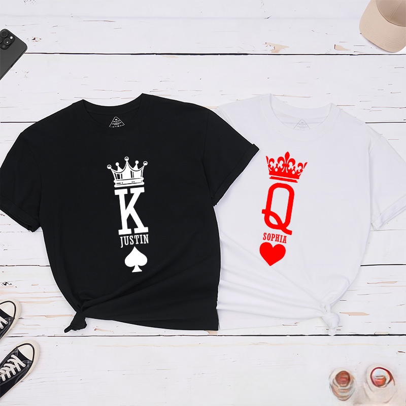 Personalized Minimalist Couple King and Queen with Crown Matching T-Shirt with Name Valentine's Day T-Shirt for Husband Wife Boyfriend Girlfriend Gift