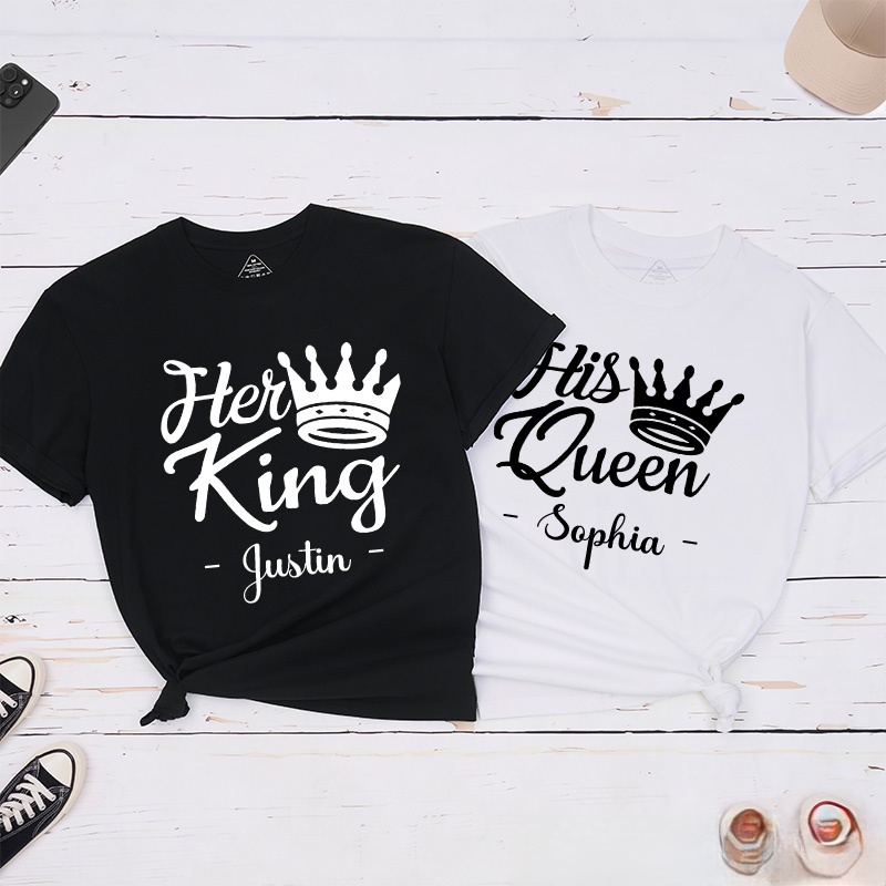 Personalized Couple Regal Her King and His Queen with Crown Matching T-Shirt Valentine's Day T-Shirt for Husband Wife Boyfriend Girlfriend Gift