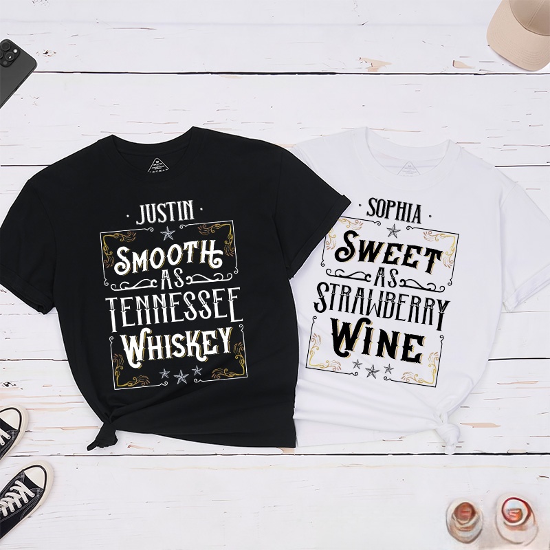 Personalized Couple Vintage Smooth as Tennessee Whiskey T-Shirt Valentine's Day Classic Matching T-Shirt for Husband Wife Boyfriend Girlfriend Gift