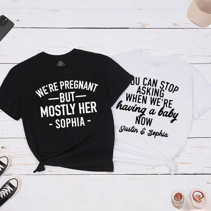 Personalized Couple We’re Pregnant But Mostly Her Matching T-Shirt Valentine's Day Classic T-Shirt for Husband Wife Wifey Hubby Gift