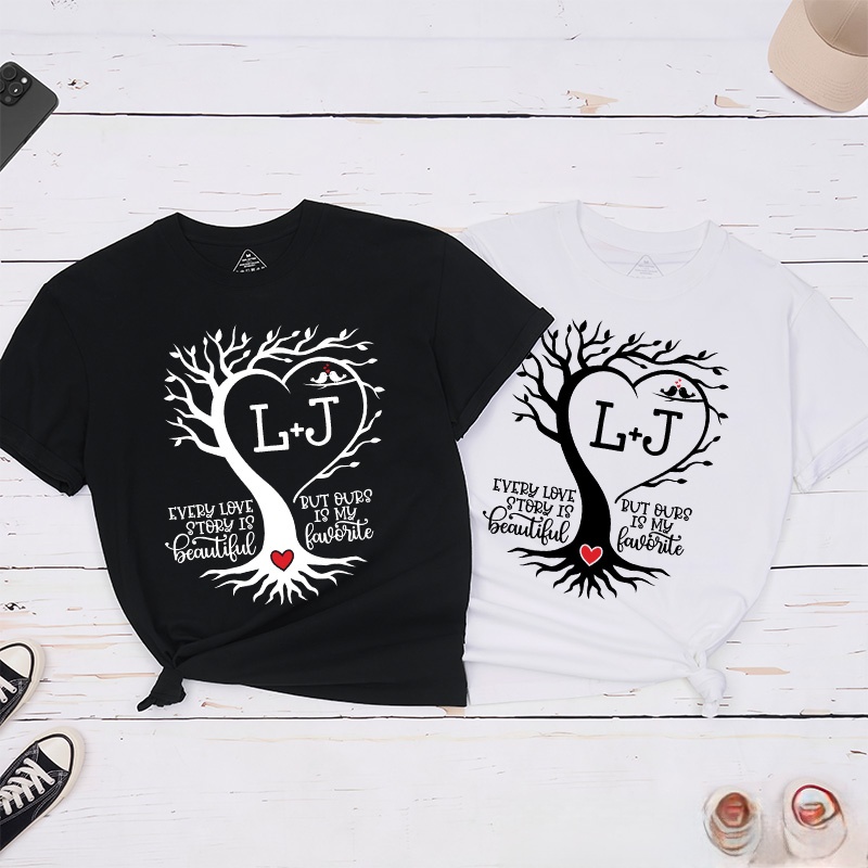Personalized Couple Heart-Shaped Tree Matching T-Shirt with Initials Valentine's Day Classic T-Shirt for Husband Wife Boyfriend Girlfriend Gift
