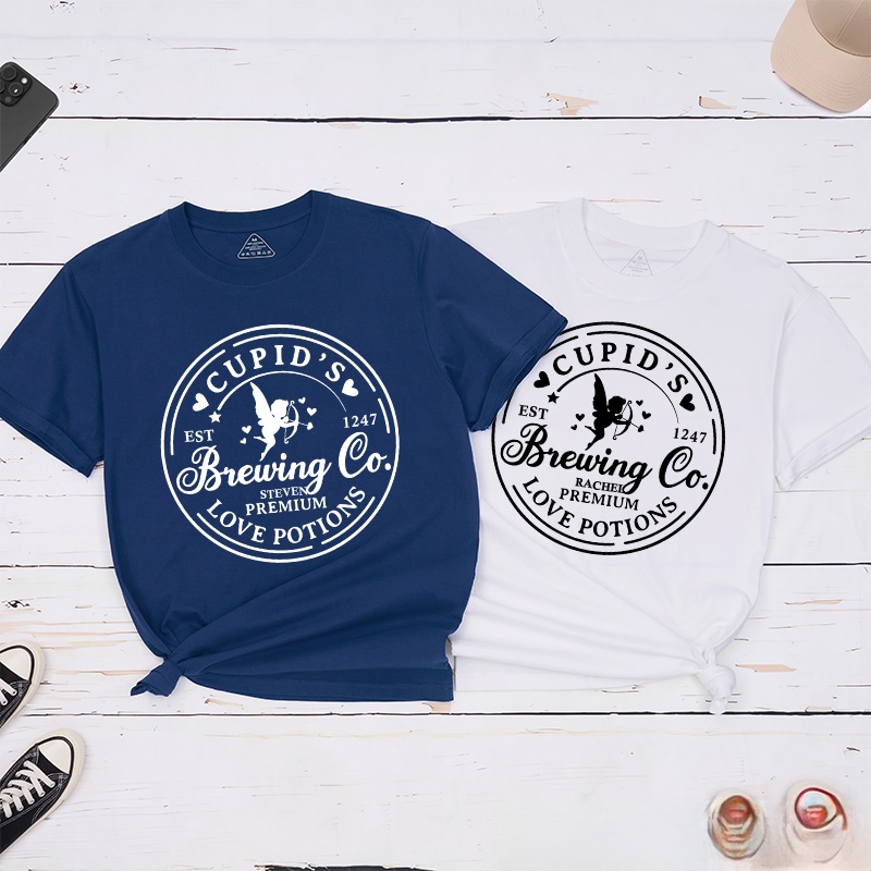Personalized Couple Cupid’s Brewing Co. Love Potions Matching T-Shirt with Name Valentine's Day T-Shirt for Husband Wife Boyfriend Girlfriend Gift