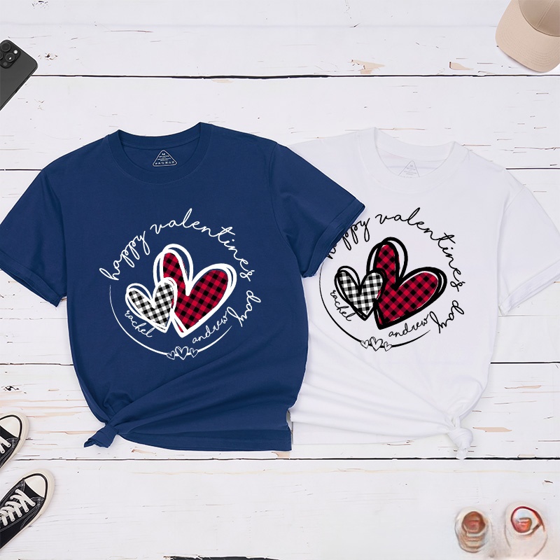 Personalized Couple Plaid Heart with Name Matching T-Shirt Happy Valentine's Day T-Shirt for Husband Wife Boyfriend Girlfriend Gift for Hubby Wifey