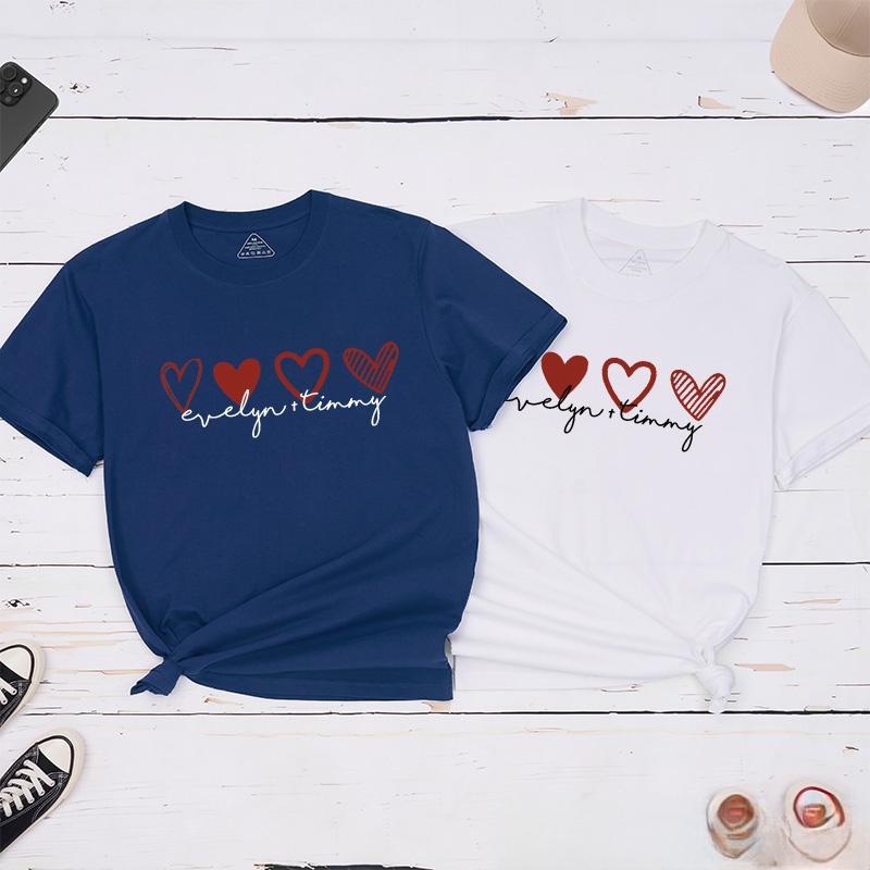 Personalized Couple Romantic 4 Hearts Matching T-Shirt with Name Valentine's Day T-Shirt for Husband Wife Boyfriend Girlfriend Gift for Hubby Wifey