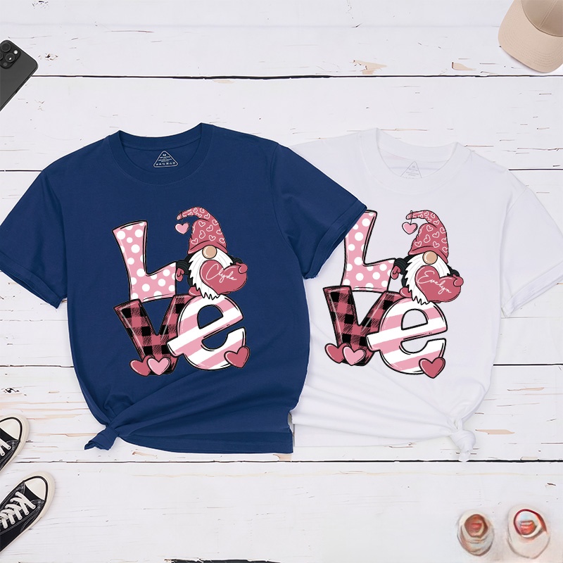 Personalized Couple Pink Love Gnome Holding Heart Matching T-Shirt Valentine's Day T-Shirt for Husband Wife Boyfriend Girlfriend Gift for Hubby Wifey