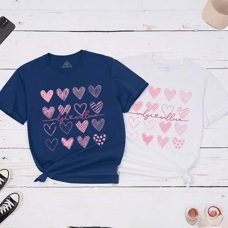 Personalized Couple Sweet Pink Hearts Matching T-Shirt with Name Valentine's Day T-Shirt for Husband Wife Boyfriend Girlfriend Gift for Hubby Wifey