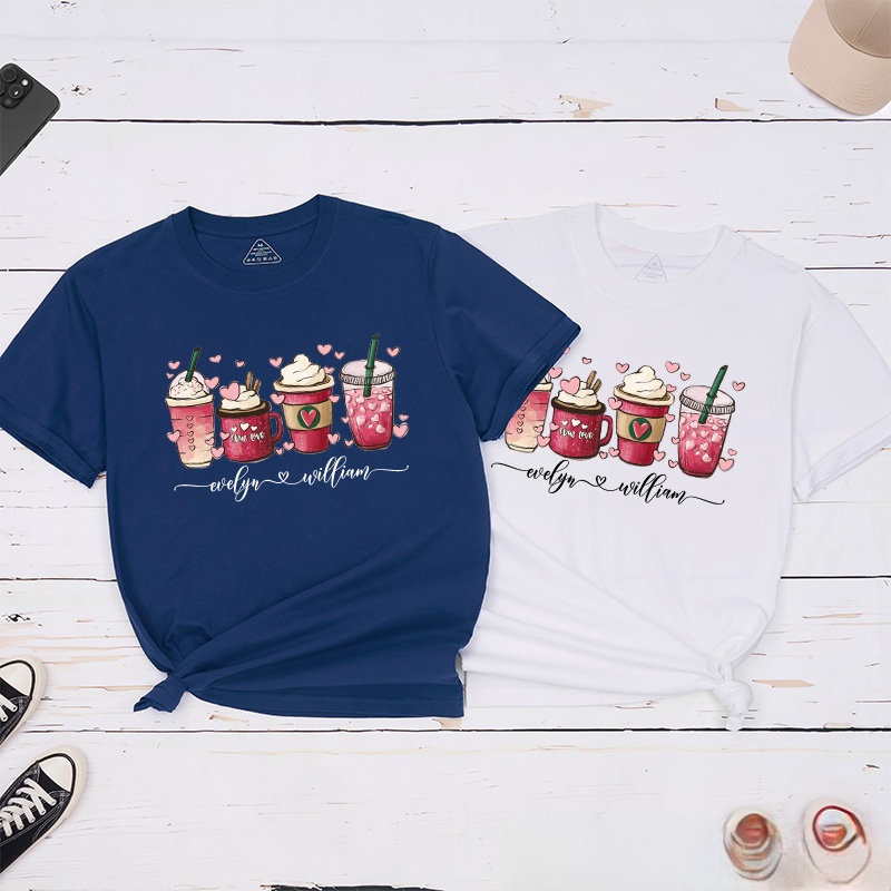 Personalized Couple Coffee Cup and Heart Matching T-Shirt with Name Valentine's Day T-Shirt for Husband Wife Boyfriend Girlfriend Gift for Hubby Wifey