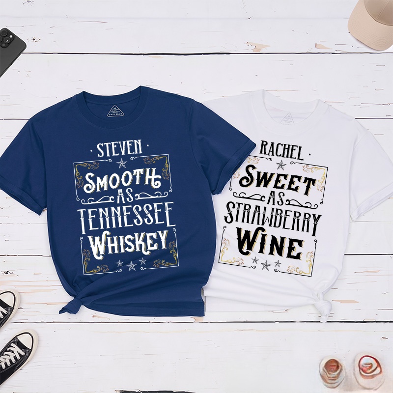Personalized Couple Vintage Smooth as Tennessee Whiskey T-Shirt Valentine's Day Classic Matching T-Shirt for Husband Wife Boyfriend Girlfriend Gift