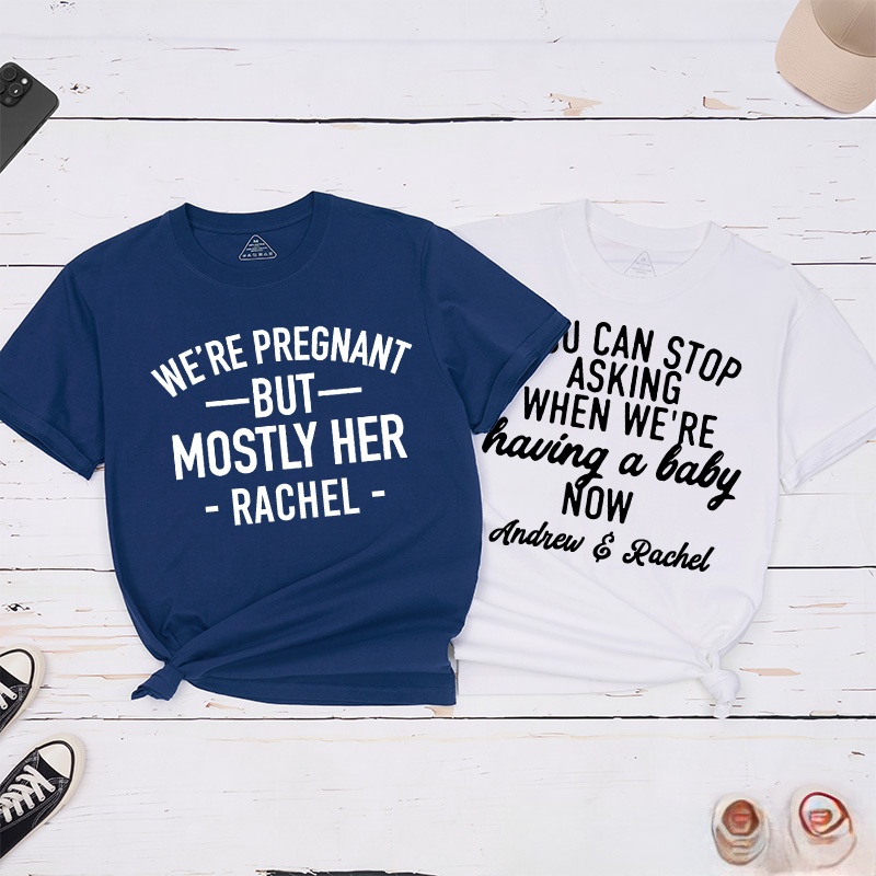 Personalized Couple We’re Pregnant But Mostly Her Matching T-Shirt Valentine's Day Classic T-Shirt for Husband Wife Wifey Hubby Gift