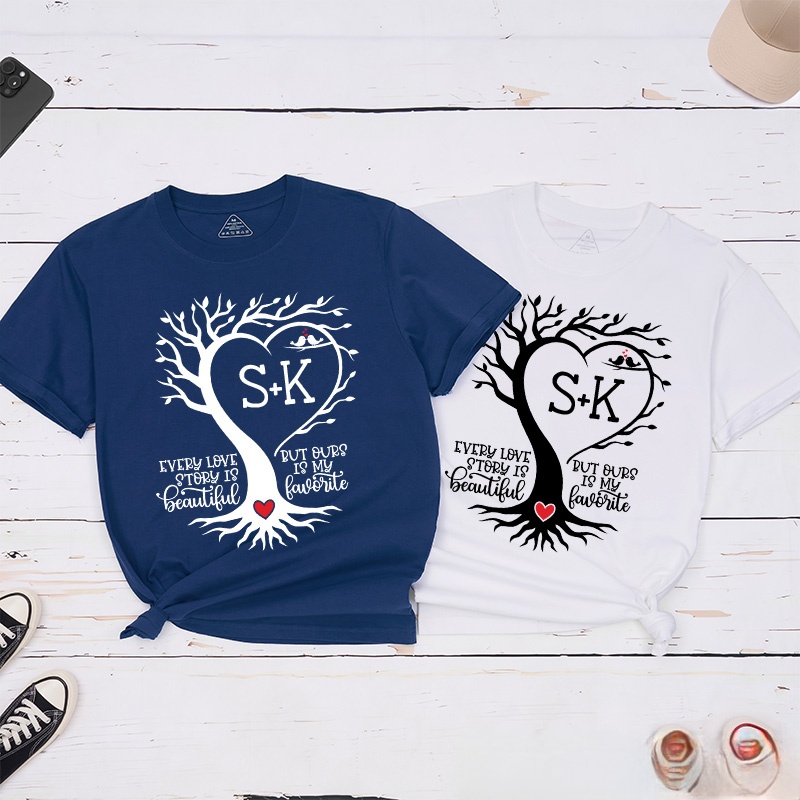 Personalized Couple Heart-Shaped Tree Matching T-Shirt with Initials Valentine's Day Classic T-Shirt for Husband Wife Boyfriend Girlfriend Gift