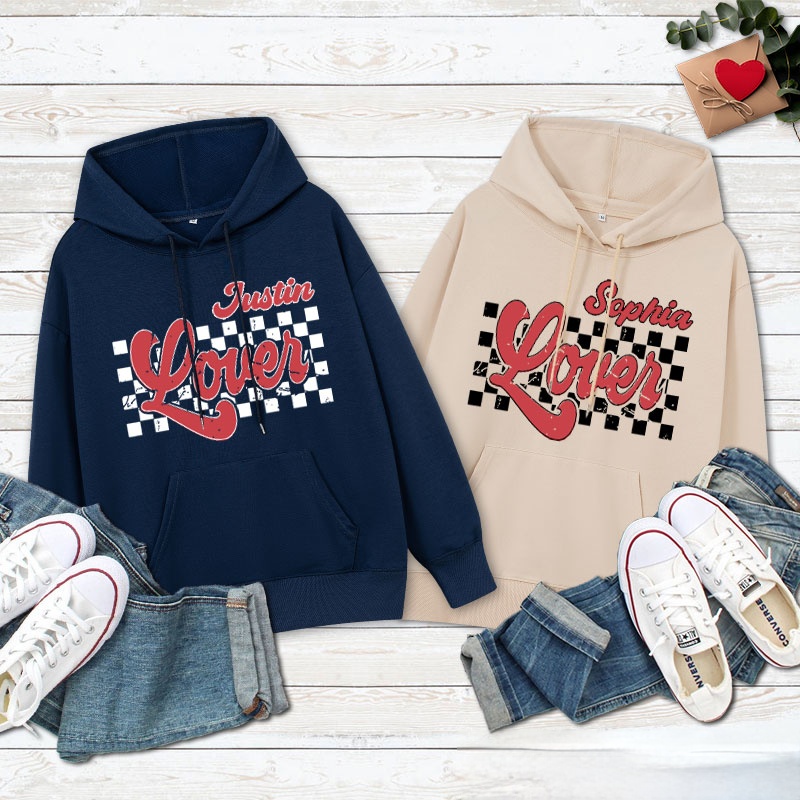 Personalized Couple Retro Checkerboard Lover Valentine's Day Hoodie with Name Couple Sweatshirt for Boyfriend Girlfriend Hubby Wifey Husband Wife