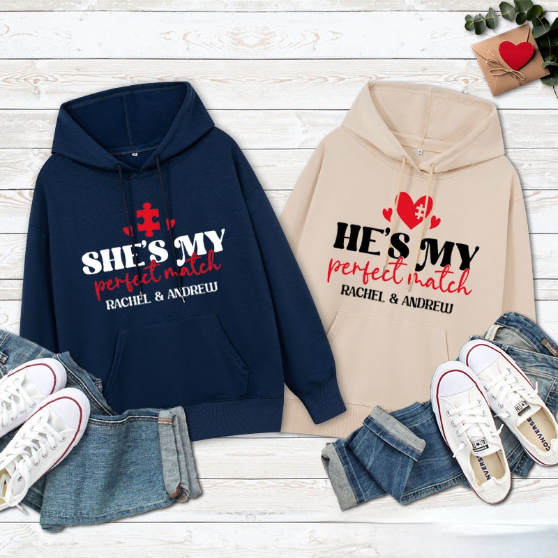 Personalized Couple She's My Perfect Match Valentine's Day Hoodie Couple He's My Perfect Match Sweatshirt for Boyfriend Girlfriend Husband Wife