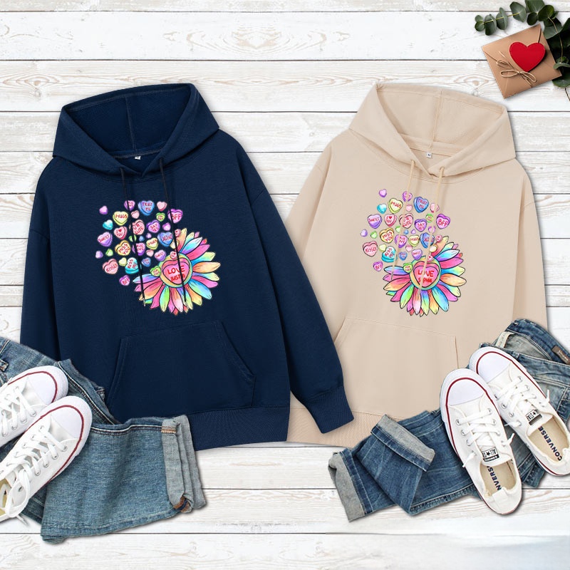 Personalized Couple Colorful Flower with Heart Hoodie Couple Valentine's Day Sweatshirt for Boyfriend Girlfriend Husband Wife