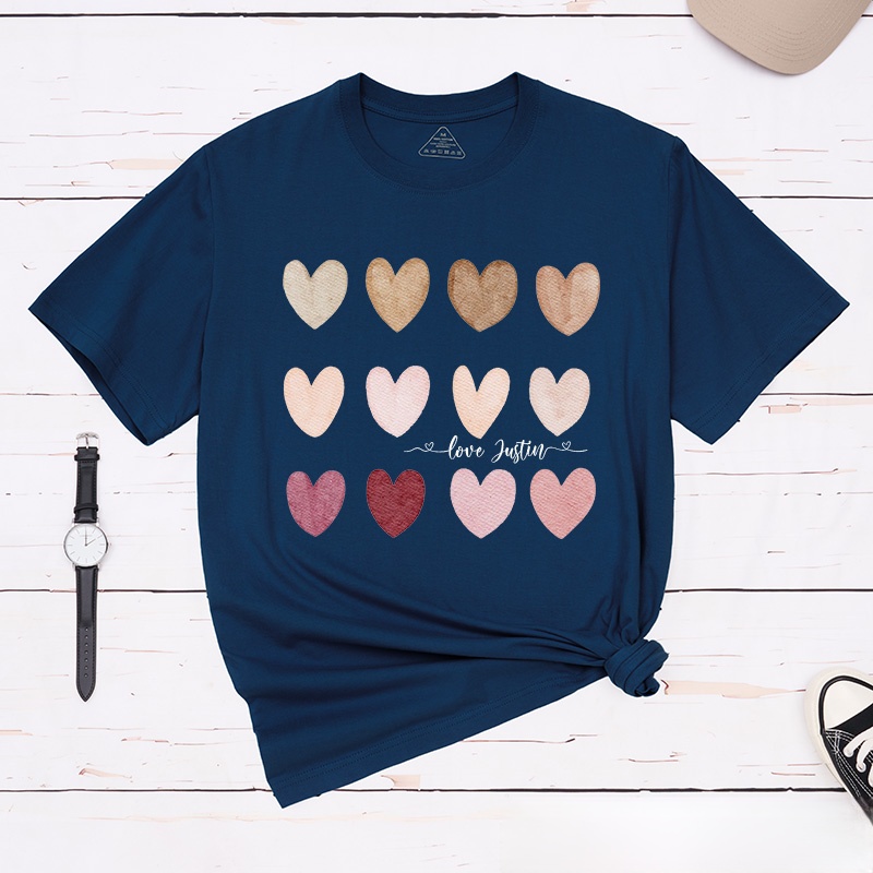 Personalized Couple Watercolor Heart Matching T-Shirt with Name Valentine's Day T-Shirt for Husband Wife Boyfriend Girlfriend Gift for Hubby Wifey